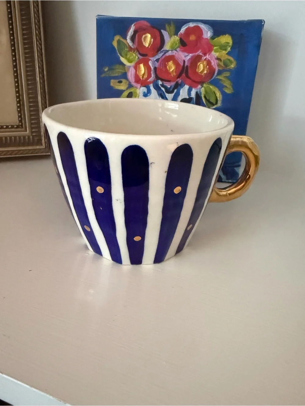 Anthropologie Hand-Painted Navy Stripe Ceramic Cup with Gold Handle
